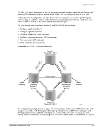 Configuration Example




               The ERO is an object, sent as part of the LSP setup request (path message), explicitly specifies the path
               across the MPLS domain the setup request should follow. You can configure a loose or strict path.

               Certain elements of configuration are order dependent. For example if you specify a profile or path
               when creating an LSP, those path or profile definitions must already exist. Similarly a path must exist
               before an ERO is created, as the ERO is added explicitly to the path.

               The typical steps used to configure and verify an RSVP-TE LSP are as follows:

               1 Configure a path (mandatory).
               2 Configure a profile (optional).
               3 Configure an ERO for a path (optional).
               4 Configure a primary/secondary LSP (mandatory).
               5 Add a secondary LSP (optional).
               6 Verify LSP status (recommended).

               Figure 135: RSVP-TE Configuration Example

                                                                          London
                                                                      Router ID 1.0.0.0


                                                                                                   Pr
                                                       P




                                                                                                    im
                                                     LS




                                                                                        17
                                                                  0




                                                                                                     ar
                                                                0/3
                                                      y




                                                                                                         yL
                                                                                         2.2
                                                   ar

                                                            3.2
                                                 im




                                                                                                          SP
                                                                                             5.2
                                              Pr


                                                          5.2




                                                                                               3.3
                                                      2.2




                                                                                                   6/3
                                                    17




                                                                                                     0




                                                                       172.25.23.8/30
                                                          17




                Oxford                                                                                                 Oxford
                                                                                               30
                                                            2.




                                                                                              /
                                                                                           28
                                                               25




               University               Glasgow                                                          Birmingham   University
                                                                                           .
                                                                 .2




                                                                                        23
                                                                    3.




                                        Router ID                                                         Router ID
                                                                                       .
                                                                                    25
                                                                       3
                                                                      2/




                                                                                   2.




                                         2.0.0.0                                                            4.0.0.0
                                                                           30




                                                                                 17
                                               Se




                                                                                                           P
                                                                                                         LS
                                                  co
                                                    nd




                                                                                                     y
                                                                                                 ar
                                                          ar




                                                                                               nd
                                                          y
                                                            LS




                                                                                             co
                                                                P




                                                                                           Se




                                                                         Liverpool
                                                                      Router ID 5.0.0.0                                     MPLS_24




               The configuration example, shown in Figure 135, creates primary and secondary LSP between the node
               Glasgow and and the node Birmingham. The steps specifically create an LSP between Glasgow and
               Birmingham based on an explicitly routed path via London with bandwidth, and setup and hold
               priority profile requirements. A secondary path is also created which, in the event of failure of a link or




ExtremeWare 7.2.0 Software User Guide                                                                                                                  663
 