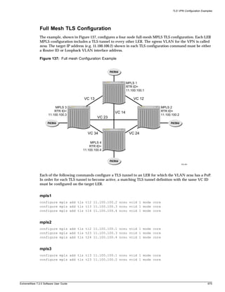 TLS VPN Configuration Examples




               Full Mesh TLS Configuration
               The example, shown in Figure 137, configures a four node full-mesh MPLS TLS configuration. Each LER
               MPLS configuration includes a TLS tunnel to every other LER. The egress VLAN for the VPN is called
               ncsu. The target IP address (e.g. 11.100.100.2) shown in each TLS configuration command must be either
               a Router ID or Loopback VLAN interface address.

               Figure 137: Full mesh Configuration Example


                                                         ncsu


                                                                   MPLS 1
                                                                   RTR ID=
                                                                   11.100.100.1

                                         VC 13                          VC 12

                           MPLS 3                                                      MPLS 2
                          RTR ID=                          VC 14                       RTR ID=
                      11.100.100.3                                                     11.100.100.2
                                                 VC 23
                     ncsu                                                                    ncsu

                                           VC 34                     VC 24

                                             MPLS 4
                                            RTR ID=
                                        11.100.100.4


                                                         ncsu                                         MPLS_26
                                                                                                       EW_093




               Each of the following commands configure a TLS tunnel to an LER for which the VLAN ncsu has a PoP.
               In order for each TLS tunnel to become active, a matching TLS tunnel definition with the same VC ID
               must be configured on the target LER.


               mpls1
               configure mpls add tls t12 11.100.100.2 ncsu vcid 1 mode core
               configure mpls add tls t13 11.100.100.3 ncsu vcid 1 mode core
               configure mpls add tls t14 11.100.100.4 ncsu vcid 1 mode core


               mpls2
               configure mpls add tls t12 11.100.100.1 ncsu vcid 1 mode core
               configure mpls add tls t23 11.100.100.3 ncsu vcid 1 mode core
               configure mpls add tls t24 11.100.100.4 ncsu vcid 1 mode core


               mpls3
               configure mpls add tls t13 11.100.100.1 ncsu vcid 1 mode core
               configure mpls add tls t23 11.100.100.2 ncsu vcid 1 mode core




ExtremeWare 7.2.0 Software User Guide                                                                                   675
 