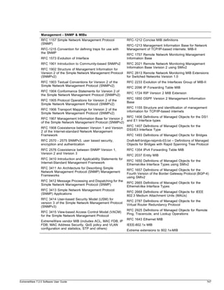 Management - SNMP & MIBs
                RFC 1157 Simple Network Management Protocol              RFC-1212 Concise MIB definitions
                (SNMP)
                                                                         RFC-1213 Management Information Base for Network
                RFC-1215 Convention for defining traps for use with      Management of TCP/IP-based internets: MIB-II
                the SNMP
                                                                         RFC 1757 Remote Network Monitoring Management
                RFC 1573 Evolution of Interface                          Information Base
                RFC 1901 Introduction to Community-based SNMPv2          RFC 2021 Remote Network Monitoring Management
                                                                         Information Base Version 2 using SMIv2
                RFC 1902 Structure of Management Information for
                Version 2 of the Simple Network Management Protocol      RFC 2613 Remote Network Monitoring MIB Extensions
                (SNMPv2)                                                 for Switched Networks Version 1.0
                RFC 1903 Textual Conventions for Version 2 of the        RFC 2233 Evolution of the Interfaces Group of MIB-II
                Simple Network Management Protocol (SNMPv2)
                                                                         RFC 2096 IP Forwarding Table MIB
                RFC 1904 Conformance Statements for Version 2 of
                                                                         RFC 1724 RIP Version 2 MIB Extension
                the Simple Network Management Protocol (SNMPv2)
                                                                         RFC 1850 OSPF Version 2 Management Information
                RFC 1905 Protocol Operations for Version 2 of the
                                                                         Base
                Simple Network Management Protocol (SNMPv2)
                                                                         RFC 1155 Structure and identification of management
                RFC 1906 Transport Mappings for Version 2 of the
                                                                         information for TCP/IP-based internets
                Simple Network Management Protocol (SNMPv2)
                                                                   RFC 1406 Definitions of Managed Objects for the DS1
                RFC 1907 Management Information Base for Version 2
                                                                   and E1 Interface types
                of the Simple Network Management Protocol (SNMPv2)
                                                                   RFC 1407 Definitions of Managed Objects for the
                RFC 1908 Coexistence between Version 1 and Version
                                                                   DS3/E3 Interface Type
                2 of the Internet-standard Network Management
                Framework                                          RFC 1493 Definitions of Managed Objects for Bridges
                RFC 2570 - 2575 SNMPv3, user based security,             Draft-letf-bridge-rstpmib-03.txt – Definitions of Managed
                encryption and authentication                            Objects for Bridges with Rapid Spanning Tree Protocol
                RFC 2576 Coexistence between SNMP Version 1,             RFC 1354 IPv4 Forwarding Table MIB
                Version 2 and Version 3
                                                                         RFC 2037 Entity MIB
                RFC 3410 Introduction and Applicability Statements for
                                                                         RFC 1650 Definitions of Managed Objects for the
                Internet-Standard Management Framework
                                                                         Ethernet-like Interface Types using SMIv2
                RFC 3411 An Architecture for Describing Simple
                                                                         RFC 1657 Definitions of Managed Objects for the
                Network Management Protocol (SNMP) Management
                                                                         Fourth Version of the Border Gateway Protocol (BGP-4)
                Frameworks
                                                                         using SMIv2
                RFC 3412 Message Processing and Dispatching for the
                                                                         RFC 2665 Definitions of Managed Objects for the
                Simple Network Management Protocol (SNMP)
                                                                         Ethernet-like Interface Types
                RFC 3413 Simple Network Management Protocol
                                                                         RFC 2668 Definitions of Managed Objects for IEEE
                (SNMP) Applications
                                                                         802.3 Medium Attachment Units (MAUs)
                RFC 3414 User-based Security Model (USM) for
                                                                         RFC 2787 Definitions of Managed Objects for the
                version 3 of the Simple Network Management Protocol
                                                                         Virtual Router Redundancy Protocol
                (SNMPv3)
                                                                         RFC 2925 Definitions of Managed Objects for Remote
                RFC 3415 View-based Access Control Model (VACM)
                                                                         Ping, Traceroute, and Lookup Operations
                for the Simple Network Management Protocol
                                                                         RFC 1643 Ethernet MIB
                ExtremeWare vendor MIB (includes ACL, MAC FDB, IP
                FDB, MAC Address Security, QoS policy and VLAN           IEEE-802.1x MIB
                configuration and statistics, STP and others)
                                                                         Extreme extensions to 802.1x-MIB




ExtremeWare 7.2.0 Software User Guide                                                                                           747
 