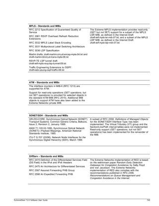 MPLS - Standards and MIBs
                RFC 2212 Specification of Guaranteed Quality of               The Extreme MPLS implementation provides read-only
                Service                                                       (GET but not SET) support for a subset of the MPLS
                                                                              LSR MIB, as defined in the Internet Draft
                RFC 2961 RSVP Overhead Refresh Reduction
                                                                              draft-ietf-mpls-lsr-mib-07.txt, and a subset of the MPLS
                Extensions
                                                                              LDP MIB, as defined in the Internet Draft
                RFC 3032 MPLS Label Stack Encoding                            draft-ietf-mpls-ldp-mib-07.txt.
                RFC 3031 Multiprotocol Label Switching Architecture
                RFC 3036 LDP Specification
                Martini drafts: draft-martini-circuit-encap-mpls-04.txt and
                draft-martini-l2circuit-trans-mpls-08.txt
                RSVP-TE LSP tunnel draft:
                draft-ietf-mpls-rsvp-lsp-tunnel-09.txt
                Traffic Engineering Extensions to OSPF:
                draft-katz-yeung-ospf-traffic-06.txt




                ATM - Standards and MIBs
                The interface counters in MIB-II (RFC 1213) are
                supported for ATM.
                Support for read-only operations (GET operations, but
                not SET operations) is provided for selected objects in
                the standard ATM MIB (RFC 2515). Additional MIB
                objects to support ATM have also been added to the
                Extreme Networks private MIB.




                SONET/SDH - Standards and MIBs
                GR-253-CORE, Synchronous Optical Network (SONET)              A subset of RFC 2558, Definitions of Managed Objects
                Transport Systems: Common Generic Criteria, Bellcore,         for the SONET/SDH Interface Type, has been
                Issue 2, Revision 2, January 1999.                            implemented. The Virtual Tributary (VT) group and the
                                                                              Section/Line/Path interval tables were not implemented.
                ANSI T1.105.02-1995, Synchronous Optical Network
                                                                              Read-only support (GET operations, but not SET
                (SONET)—Payload Mappings, American National
                                                                              operations) has been implemented for the remainder of
                Standards Institute, 1995.
                                                                              the MIB.
                ITU-T G.707 (03/96), Network Node Interfaces for the
                Synchronous Digital Hierarchy (SDH), March 1996.




                DiffServ - Standards and MIBs
                RFC 2474 Definition of the Differentiated Services Field      The Extreme Networks implementation of RED is based
                (DS Field) in the IPv4 and IPv6 Headers                       on the well-known paper Random Early Detection
                                                                              Gateways for Congestion Avoidance, by Sally Floyd
                RFC 2475 An Architecture for Differentiated Services
                                                                              and Van Jacobson. The Extreme Networks
                RFC 2597 Assured Forwarding PHB Group                         implementation of RED also complies with the
                                                                              recommendations published in RFC 2309,
                RFC 2598 An Expedited Forwarding PHB
                                                                              Recommendations on Queue Management and
                                                                              Congestion Avoidance in the Internet.




ExtremeWare 7.2.0 Software User Guide                                                                                                749
 