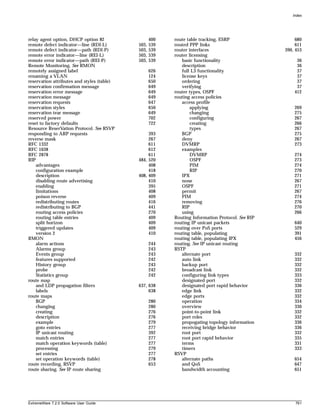 Index




relay agent option, DHCP option 82                 400   route table tracking, ESRP                   680
remote defect indicator—line (RDI-L)        503,   539   routed PPP links                             611
remote defect indicator—path (RDI-P)        503,   539   router interfaces                       390, 453
remote error indicator—line (REI-L)         503,   539   router licensing
remote error indicator—path (REI-P)         503,   539      basic functionality                       36
Remote Monitoring. See RMON                                 description                               36
remotely assigned label                            626      full L3 functionality                     37
renaming a VLAN                                    124      license keys                              37
reservation attributes and styles (table)          650      ordering                                  37
reservation confirmation message                   649      verifying                                 37
reservation error message                          649   router types, OSPF                          412
reservation message                                649   routing access policies
reservation requests                               647      access profile
reservation styles                                 650           applying                            269
reservation tear message                           649           changing                            275
reserved power                                     702           configuring                         267
reset to factory defaults                          722           creating                            266
Resource ReserVation Protocol. See RSVP                          types                               267
responding to ARP requests                       393        BGP                                      275
reverse mask                                     267        deny                                     267
RFC 1332                                         611        DVMRP                                    273
RFC 1638                                         612        examples
RFC 2878                                         611             DVMRP                               274
RIP                                         484, 520             OSPF                                273
    advantages                                   408             PIM                                 274
    configuration example                        418             RIP                                 270
    description                             408, 409        IPX                                      271
    disabling route advertising                  410        none                                     267
    enabling                                     395        OSPF                                     271
    limitations                                  408        permit                                   267
    poison reverse                               409        PIM                                      274
    redistributing routes                        416        removing                                 276
    redistributing to BGP                        441        RIP                                      270
    routing access policies                      270        using                                    266
    routing table entries                        409     Routing Information Protocol. See RIP
    split horizon                                409     routing IP unicast packets                  640
    triggered updates                            409     routing over PoS ports                      529
    version 2                                    410     routing table, populating                   391
RMON                                                     routing table, populating IPX               456
    alarm actions                                  244   routing. See IP unicast routing
    Alarms group                                   243   RSTP
    Events group                                   243      alternate port                           332
    features supported                             242      auto link                                332
    History group                                  243      backup port                              332
    probe                                          242      broadcast link                           332
    Statistics group                               242      configuring link types                   333
route map                                                   designated port                          332
    and LDP propagation filters             637, 638        designated port rapid behavior           336
    labels                                       638        edge link                                332
route maps                                                  edge ports                               332
    BGP                                            280      operation                                334
    changing                                       280      overview                                 330
    creating                                       276      point-to-point link                      332
    description                                    276      port roles                               332
    example                                        279      propogating topology information         336
    goto entries                                   277      receiving bridge behavior                336
    IP unicast routing                             392      root port                                332
    match entries                                  277      root port rapid behavior                 335
    match operation keywords (table)               277      terms                                    331
    processing                                     279      timers                                   333
    set entries                                    277   RSVP
    set operation keywords (table)                 278      alternate paths                          654
route recording, RSVP                              653      and QoS                                  647
route sharing. See IP route sharing                         bandwidth accounting                     651




ExtremeWare 7.2.0 Software User Guide                                                                 761
 