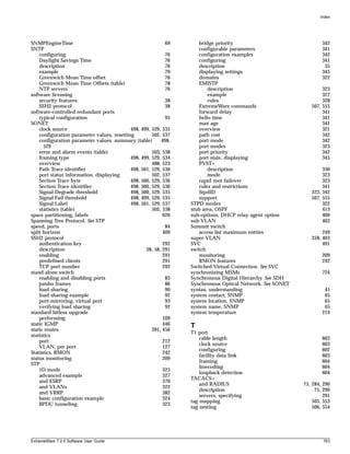 Index




SNMPEngineTime                                              69       bridge priority                              342
SNTP                                                                 configurable parameters                      341
    configuring                                             76       configuration examples                       342
    Daylight Savings Time                                   76       configuring                                  341
    description                                             76       description                                   35
    example                                                 79       displaying settings                          345
    Greenwich Mean Time offset                              76       domains                                      322
    Greenwich Mean Time Offsets (table)                     78       EMISTP
    NTP servers                                             76           description                              323
software licensing                                                       example                                  327
    security features                                       38           rules                                    328
    SSH2 protocol                                           38       ExtremeWare commands                    507, 555
software-controlled redundant ports                                  forward delay                                341
    typical configuration                                   95       hello time                                   341
SONET                                                                max age                                      341
    clock source                            498, 499, 529, 535       overview                                     321
    configuration parameter values, resetting         502, 537       path cost                                    342
    configuration parameter values, summary (table)       498,       port mode                                    342
      529                                                            port modes                                   323
    error and alarm events (table)                    503, 538       port priority                                342
    framing type                            498, 499, 529, 534       port state, displaying                       345
    overview                                          488, 523       PVST+
    Path Trace identifier                   498, 501, 529, 536           description                              330
    port status information, displaying               502, 537           mode                                     323
    Section Trace byte                      498, 500, 529, 536       rapid root failover                          323
    Section Trace identifier                498, 500, 529, 536       rules and restrictions                       341
    Signal Degrade threshold                498, 500, 529, 535       StpdID                                  323, 342
    Signal Fail threshold                   498, 499, 529, 535       support                                 507, 555
    Signal Label                            498, 501, 529, 537   STPD modes                                       322
    statistics (table)                                502, 538   stub area, OSPF                                  413
space partitioning, labels                                 626   sub-options, DHCP relay agent option             400
Spanning Tree Protocol. See STP                                  sub-VLAN                                         403
speed, ports                                                84   Summit switch
split horizon                                              409       access list maximum entries                  249
SSH2 protocol                                                    super-VLAN                                  358, 403
    authentication key                                     292   SVC                                              491
    description                                    38, 58, 291   switch
    enabling                                               291       monitoring                                   209
    predefined clients                                     291       RMON features                                242
    TCP port number                                        292   Switched Virtual Connection. See SVC
stand-alone switch                                               synchronizing MSMs                               724
    enabling and disabling ports                            83   Synchronous Digital Hierarchy. See SDH
    jumbo frames                                            86   Synchronous Optical Network. See SONET
    load sharing                                            90   syntax, understanding                             41
    load sharing example                                    92   system contact, SNMP                              65
    port-mirroring, virtual port                            93   system location, SNMP                             65
    verifying load sharing                                  92   system name, SNMP                                 65
standard hitless upgrade                                         system temperature                               214
    performing                                             109
static IGMP                                                446   T
static routes                                         391, 456
                                                                 T1 port
statistics
                                                                     cable length                                 603
    port                                                   212
                                                                     clock source                                 603
    VLAN, per port                                         127
                                                                     configuring                                  602
Statistics, RMON                                           242
                                                                     facility data link                           603
status monitoring                                          209
                                                                     framing                                      604
STP
                                                                     linecoding                                   604
    1D mode                                                323
                                                                     loopback detection                           604
    advanced example                                       327
                                                                 TACACS+
    and ESRP                                               370
                                                                     and RADIUS                           75, 284, 290
    and VLANs                                              322
                                                                     description                               75, 290
    and VRRP                                               382
                                                                     servers, specifying                           291
    basic configuration example                            324
                                                                 tag mapping                                  505, 553
    BPDU tunneling                                         323
                                                                 tag nesting                                  506, 554




ExtremeWare 7.2.0 Software User Guide                                                                             763
 
