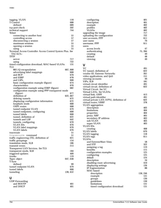 Index




tagging, VLAN                                          118      configuring                                                 401
T-Control                                              688      description                                                 401
    defined                                            689      example                                                     402
tcp-port-check                                         202      profiles                                                    402
technical support                                      744      VLANs                                                       402
Telnet                                                       upgrading the image                                            717
    connecting to another host                          55   uploading the configuration                                    722
    controlling access                                  57   user accounts, PPP                                             611
    disconnecting a session                             57   user name                                                       70
    maximum sessions                                    55   username, PPP                                                  611
    opening a session                                   55   users
    using                                               55      access levels                                                47
Terminal Access Controller Access Control System Plus. See      authenticating                                          75, 284
  TACACS+                                                       creating                                                     49
TFTP                                                            default                                                      48
    server                                             717      viewing                                                      49
    using                                              722
timed configuration download, MAC-based VLANs          131   V
TLS
                                                             VC                                                             491
    802.1Q encapsulation                          667, 668
                                                             VC tunnel, definition of                                       622
    advertising label mappings                         668
                                                             vendor ID, Extreme Networks                                    261
    and BCP                                            670
                                                             video applications, and QoS                                    151
    and ESRP                                           678
                                                             viewing accounts                                                49
    and LSPs                                           668
                                                             VIPs, SLB                                                      181
    basic configuration example (figure)               674
                                                             virtual circuit identifier                                     491
    characteristics                                    670
                                                             virtual circuit, definition of                                 622
    configuration example using ESRP (figure)          682
                                                             Virtual Circuit. See VC
    configuration example using PPP transparent mode
                                                             Virtual LANs. See VLANs
       (figure)                                        677
                                                             virtual link, OSPF                                             413
    definition of                                 622, 667
                                                             virtual path identifier                                        491
    deleting tunnels                                   672
                                                             virtual private LAN (VPN), definition of                       622
    displaying configuration information               672
                                                             virtual router, VRRP                                           378
    loopback mode                                      668
                                                             VLAN aggregation
    OSPF routes                                        668
                                                                 description                                                403
    tunnel endpoint VLAN                               679
                                                                 limitations                                                404
    tunnel endpoints, configuring                      668
                                                                 properties                                                 404
    tunnel labels                                      668
                                                                 proxy ARP                                                  405
    tunnel, definition of                              622
                                                                 secondary IP address                                       403
    tunnels and LSP                                    642
                                                                 sub-VLAN                                                   403
    tunnels, configuring                               670
                                                                 super-VLAN                                                 403
    VLAN IDs                                           670
                                                             VLAN IDs
    VLAN label mappings                                670
                                                                 creating                                                   468
    VLAN labels                                        670
                                                             VLAN labels                                                    670
traceroute                                              51
                                                             VLAN tagging                                                   118
traceroute command                                      51
                                                             VLAN tags                                                      611
traffic engineering (TE), definition of                621
                                                             VLANs
traffic groupings                                      154
                                                                 and ExtremeWare Vista                                       58
translation mode, SLB                                  186
                                                                 and STP                                                    322
transmit errors                                        213
                                                                 assigning a tag                                            119
Transparent LAN Services. See TLS
                                                                 benefits                                                   115
transparent mode, SLB                                  184
                                                                 configuration examples                                     125
triggered updates                                      409
                                                                 configuring                                                125
trunks                                                 119
                                                                 default                                                    124
Tspec object                                      647, 648
                                                                 description                                                 34
T-Sync
                                                                 disabling route advertising                                410
    defined                                             99
                                                                 displaying settings                                        126
tunnel endpoint VLAN                                   679
                                                                 IP fragmentation                                            88
tunnel labels                                          668
                                                                 MAC-based
tunneling                                         128, 652
                                                                     description                                      130, 246
                                                                     example                                               131
U                                                                    groups                                                130
UDP-Forwarding                                                       guidelines                                            130
  and BOOTP                                           401            limitations                                           131
  and DHCP                                            401            timed configuration download                          131




764                                                                                        ExtremeWare 7.2.0 Software User Guide
 