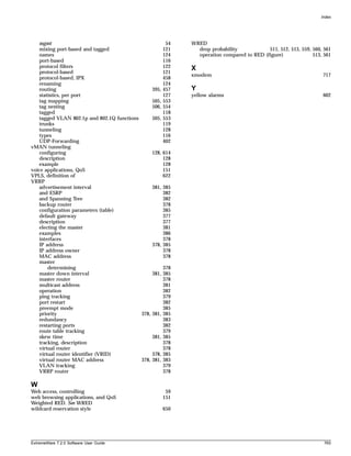 Index




   mgmt                                               54   WRED
   mixing port-based and tagged                      121     drop probability            511, 512, 513, 559, 560, 561
   names                                             124     operation compared to RED (figure)              513, 561
   port-based                                        116
   protocol filters                                  122   X
   protocol-based                                    121
                                                           xmodem                                                717
   protocol-based, IPX                               458
   renaming                                          124
   routing                                      395, 457   Y
   statistics, per port                              127   yellow alarms                                         602
   tag mapping                                  505, 553
   tag nesting                                  506, 554
   tagged                                            118
   tagged VLAN 802.1p and 802.1Q functions      505, 553
   trunks                                            119
   tunneling                                         128
   types                                             116
   UDP-Forwarding                                    402
vMAN tunneling
   configuring                                  128, 614
   description                                       128
   example                                           128
voice applications, QoS                              151
VPLS, definition of                                  622
VRRP
   advertisement interval                       381, 385
   and ESRP                                          382
   and Spanning Tree                                 382
   backup router                                     378
   configuration parameters (table)                  385
   default gateway                                   377
   description                                       377
   electing the master                               381
   examples                                          386
   interfaces                                        378
   IP address                                   378, 385
   IP address owner                                  378
   MAC address                                       378
   master
       determining                                   378
   master down interval                         381, 385
   master router                                     378
   multicast address                                 381
   operation                                         382
   ping tracking                                     379
   port restart                                      382
   preempt mode                                      385
   priority                                378, 381, 385
   redundancy                                        383
   restarting ports                                  382
   route table tracking                              379
   skew time                                    381, 385
   tracking, description                             378
   virtual router                                    378
   virtual router identifier (VRID)             378, 385
   virtual router MAC address              378, 381, 383
   VLAN tracking                                     379
   VRRP router                                       378

W
Web access, controlling                              59
web browsing applications, and QoS                  151
Weighted RED. See WRED
wildcard reservation style                          650




ExtremeWare 7.2.0 Software User Guide                                                                             765
 