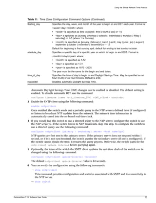 Using the Simple Network Time Protocol




               Table 11: Time Zone Configuration Command Options (Continued)
               floating_day             Specifies the day, week, and month of the year to begin or end DST each year. Format is:
                                        <week><day><month> where:
                                        •   <week> is specified as [first | second | third | fourth | last] or 1-5
                                        •   <day> is specified as [sunday | monday | tuesday | wednesday | thursday | friday |
                                            saturday] or 1-7 (where 1 is Sunday)
                                        •   <month> is specified as [january | february | march | april | may | june | july | august |
                                            september | october | november | december] or 1-12
                                        Default for beginning is first sunday april; default for ending is last sunday october.
               absolute_day             Specifies a specific day of a specific year on which to begin or end DST. Format is:
                                        <month>/<day>/<year> where:
                                        •   <month> is specified as 1-12
                                        •   <day> is specified as 1-31
                                        •   <year> is specified as 1970 - 2035
                                        The year must be the same for the begin and end dates.
               time_of_day              Specifies the time of day to begin or end Daylight Savings Time. May be specified as an
                                        hour (0-23) or as hour:minutes. Default is 2:00.
               noautodst                Disables automatic Daylight Savings Time.


                   Automatic Daylight Savings Time (DST) changes can be enabled or disabled. The default setting is
                   enabled. To disable automatic DST, use the command:
                   configure timezone {name <std_timezone_ID>} <GMT_offset> noautodst
               3 Enable the SNTP client using the following command:
                   enable sntp-client
                   Once enabled, the switch sends out a periodic query to the NTP servers defined later (if configured)
                   or listens to broadcast NTP updates from the network. The network time information is
                   automatically saved into the on-board real-time clock.
               4 If you would like this switch to use a directed query to the NTP server, configure the switch to use
                 the NTP server(s). If the switch listens to NTP broadcasts, skip this step. To configure the switch to
                 use a directed query, use the following command:
                   configure sntp-client [primary | secondary] server <host name/ip>]
                   NTP queries are first sent to the primary server. If the primary server does not respond within 1
                   second, or if it is not synchronized, the switch queries the secondary server (if one is configured). If
                   the switch cannot obtain the time, it restarts the query process. Otherwise, the switch waits for the
                   sntp-client update interval before querying again.
               5 Optionally, the interval for which the SNTP client updates the real-time clock of the switch can be
                 changed using the following command:
                   configure sntp-client update-interval <seconds>
                   The default sntp-client update-interval value is 64 seconds.
               6 You can verify the configuration using the following commands:
                   — show sntp-client
                       This command provides configuration and statistics associated with SNTP and its connectivity to
                       the NTP server.
                   — show switch




ExtremeWare 7.2.0 Software User Guide                                                                                                        77
 