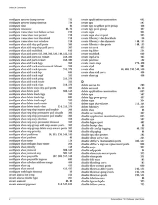 Index of Commands




configure system-dump server                           733   create application examination                          692
configure system-dump timeout                          734   create aps                                              587
configure time                                          46   create bgp neighbor peer-group                          438
configure timezone                                  46, 76   create bgp peer-group                                   437
configure transceiver-test failure-action              219   create eaps                                             304
configure transceiver-test period                      218   create eaps shared-port                                 313
configure transceiver-test threshold                   218   create fdbentry vlan blackhole                          156
configure transceiver-test window                      218   create fdbentry vlan dynamic                       144, 155
configure vlan add elrp-poll ports                     366   create fdbentry vlan ports                         144, 155
configure vlan add esrp elrp-poll ports                367   create isis area                                        425
configure vlan add multilink                           610   create log filter                                       224
configure vlan add ports 455, 504, 505, 530, 549, 550, 552   create multilink                                        610
configure vlan add ports no-restart               358, 382   create ospf area                                        413
configure vlan add ports restart                  358, 382   create protocol                                         122
configure vlan add track-bgp                           356   create route-map                                   276, 470
configure vlan add track-environment failover          354   create stpd                                             341
configure vlan add track-iproute                  355, 379   create vlan                          46, 468, 530, 549, 550
configure vlan add track-lsp                           681   create vlan add ports                                   468
configure vlan add track-ospf                          355   create vlan tag                                         468
configure vlan add track-ping                     355, 379
configure vlan add track-route                         355   D
configure vlan add track-vlan                     354, 379   delete access-list                                       249
configure vlan delete esrp elrp-poll ports             366   delete account                                        46, 50
configure vlan delete port                        504, 552   delete application examination                           693
configure vlan delete track-bgp                        356   delete aps                                               587
configure vlan delete track-lsp                        681   delete bgp peer-group                                    437
configure vlan delete track-ospf                       355   delete eaps                                              304
configure vlan delete track-route                      355   delete eaps shared-port                             313, 314
configure vlan delete track-vlan             354, 355, 379   delete fdbentry                                          254
configure vlan esrp elrp-master-poll enable            366   delete vlan                                               46
configure vlan esrp elrp-premaster-poll disable        366   disable accounting                                       467
configure vlan esrp elrp-premaster-poll enable         366   disable application examination ports                    693
configure vlan esrp esrp-election                      354   disable aps                                              587
configure vlan esrp esrp-premaster-timeout             352   disable bgp export                                       442
configure vlan esrp group add esrp-aware-ports         362   disable bootp vlan                                        46
configure vlan esrp group delete esrp-aware-ports 363        disable cli-config-logging                           46, 232
configure vlan esrp priority                           354   disable clipaging                                         46
configure vlan ipaddress            56, 395, 530, 549, 550   disable cpu-dos-protect                                  282
configure vlan ipadress                                 46   disable dhcp ports vlan                                  264
configure vlan name                                    124   disable diffserv examanation ports                  509, 557
configure vlan netlogin-lease-timer                    264   disable diffserv ingress replacement ports               696
configure vlan priority                                158   disable eaps                                             307
configure vlan protocol                           504, 552   disable edp ports                                         94
configure vlan protocol any                       505, 552   disable elsm auto-restart ports                          373
configure vlan qosprofile               162, 509, 557, 558   disable elsm ports                                       371
configure vlan qosprofile ingress                      690   disable fdb-scan                                         145
configure vlan subvlan-address-range                   404   disable flooding ports                                   143
configure vlan tag                                     455   disable flow-control ports                               690
configure vlan xnetid                             455, 457   disable flowstats filter ports                      240, 575
configure web login-timeout                             59   disable flowstats ping-check                        240, 576
create access-list icmp                                252   disable flowstats ports                             237, 571
create access-profile type                             267   disable idletimeouts                                      46
create account                                      46, 49   disable ignore-bpdu                                      323
create account pppuser                       544, 547, 611   disable inline-power                                     705




4                                                                                      ExtremeWare 7.2.0 Software User Guide
 