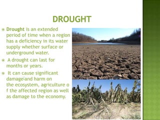  Drought is an extended
period of time when a region
has a deficiency in its water
supply whether surface or
underground water.
 A drought can last for
months or years.
 It can cause significant
damage[and harm on
the ecosystem, agriculture o
f the affected region as well
as damage to the economy.
 