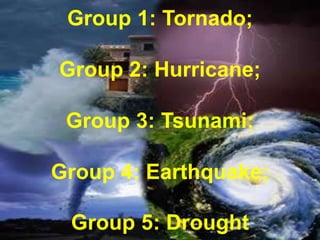 Group 1: Tornado;
Group 2: Hurricane;
Group 3: Tsunami;
Group 4: Earthquake;
Group 5: Drought
 
