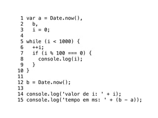 1   var a = Date.now(),
 2     b,
 3     i = 0;
 4
 5   while (i < 1000) {
 6     ++i;
 7     if (i % 100 === 0) {
 8       console.log(i);
 9     }
10   }
11
12   b = Date.now();
13
14   console.log('valor de i: ' + i);
15   console.log('tempo em ms: ' + (b - a));
 