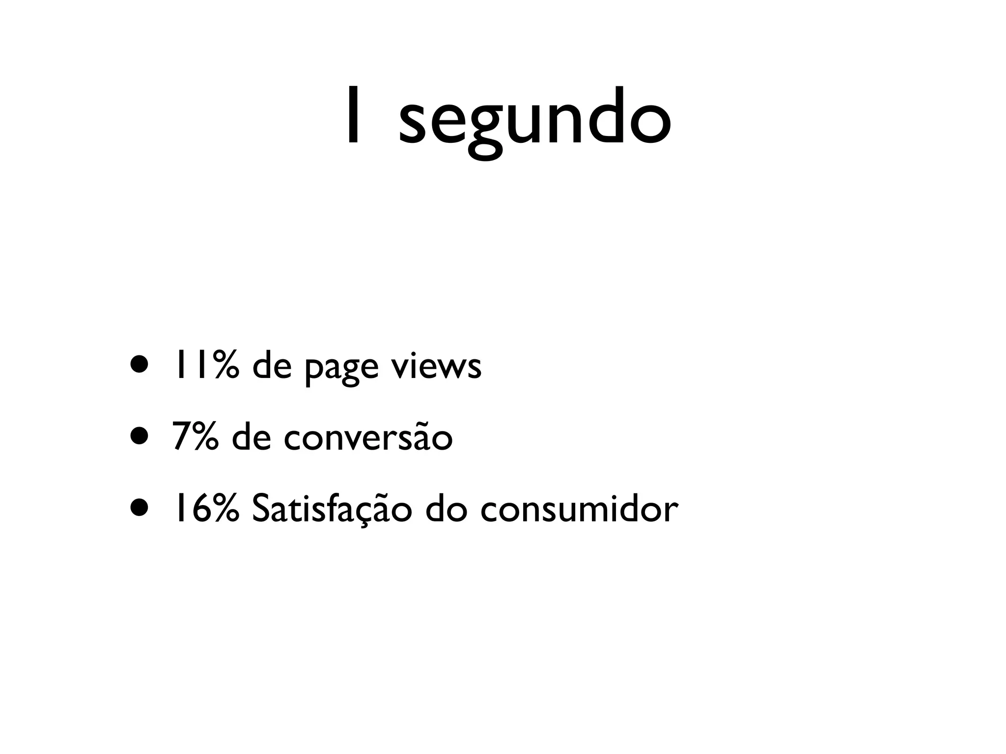 1 segundo

• 11% de page views
• 7% de conversão
• 16% Satisfação do consumidor
 