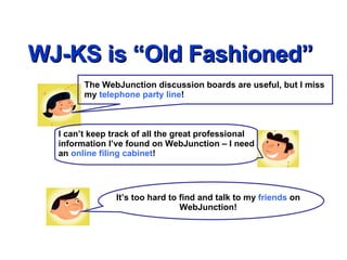 WJ-KS is “Old Fashioned” The WebJunction discussion boards are useful, but I miss my  telephone party line ! I can’t keep track of all the great professional information I’ve found on WebJunction – I need an  online filing cabinet ! It’s too hard to find and talk to my  friends  on WebJunction! 