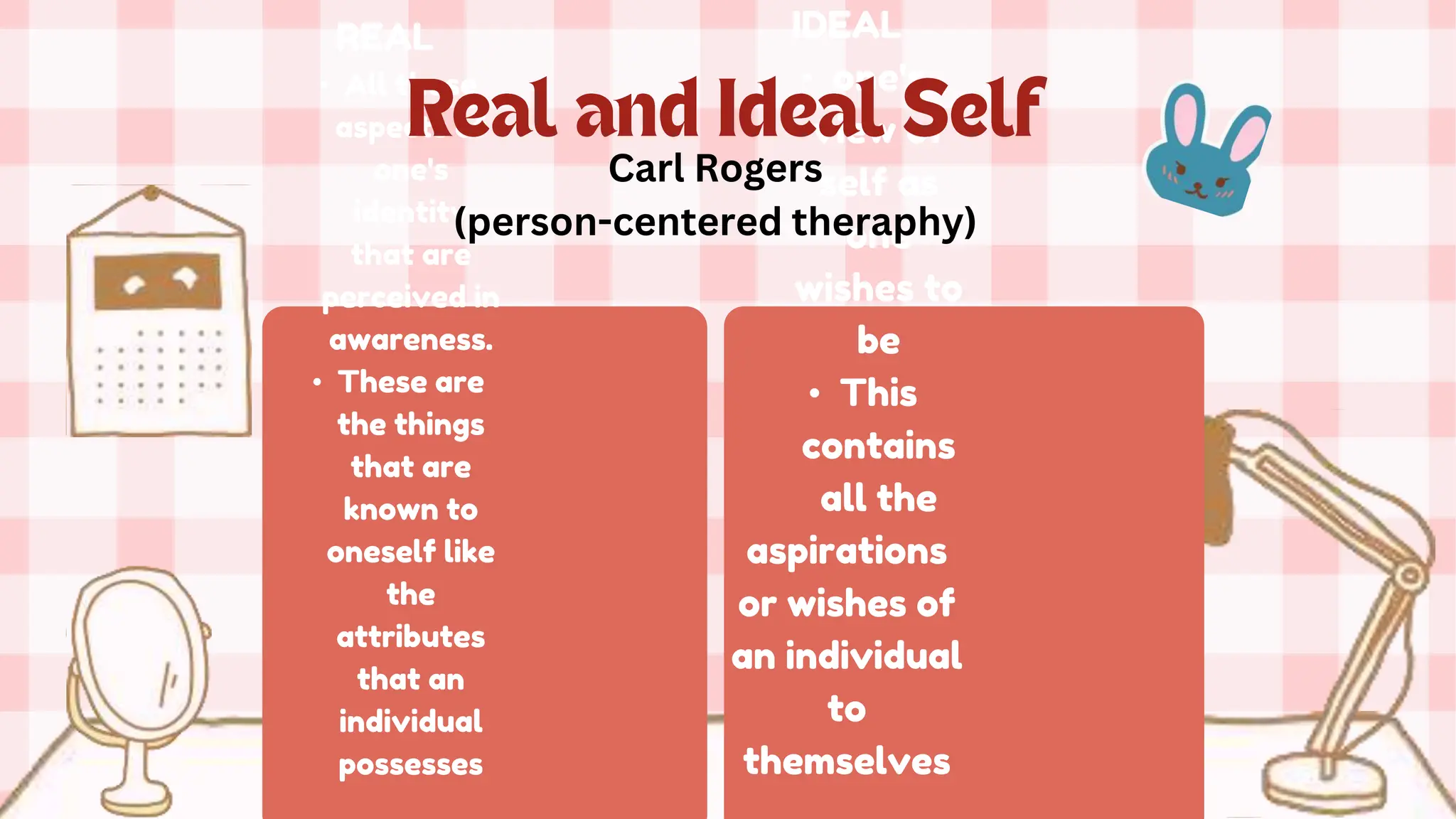 REAL
• All those
aspects of
one's
identity
that are
perceived in
awareness.
• These are
the things
that are
known to
oneself like
the
attributes
that an
individual
possesses
IDEAL
• one's
view of
self as
one
wishes to
be
• This
contains
all the
aspirations
or wishes of
an individual
to
themselves
Carl Rogers
(person-centered theraphy)
 