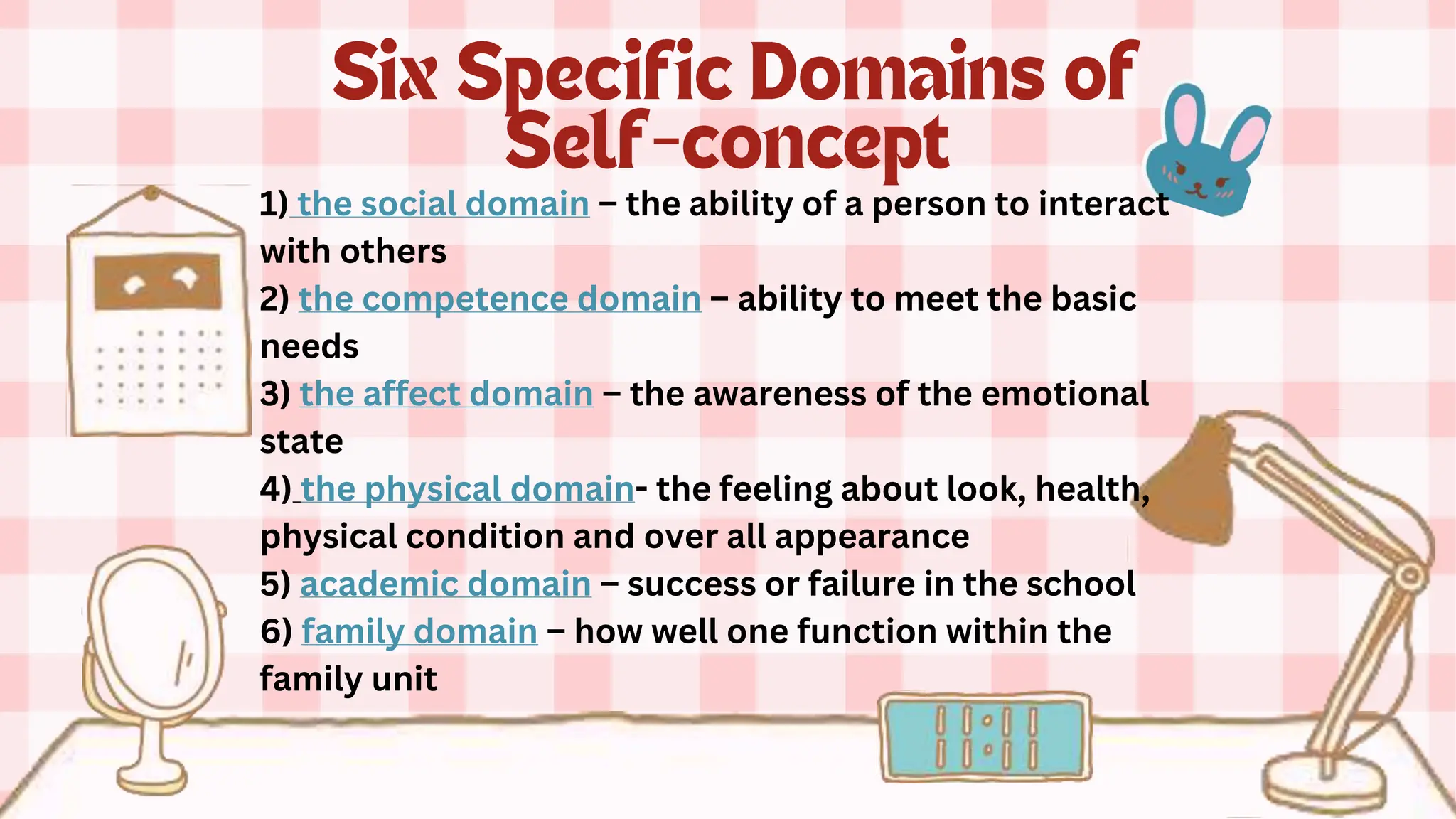 1) the social domain – the ability of a person to interact
with others
2) the competence domain – ability to meet the basic
needs
3) the affect domain – the awareness of the emotional
state
4) the physical domain- the feeling about look, health,
physical condition and over all appearance
5) academic domain – success or failure in the school
6) family domain – how well one function within the
family unit
 