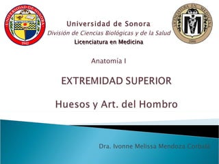 Universidad de Sonora
División de Ciencias Biológicas y de la Salud
          Licenciatura en Medicina


                Anatomía I




                  Dra. Ivonne Melissa Mendoza Corbalá
 