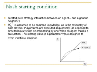 Nash starting condition iterated pure strategy interaction between an agent  i­  and a generic neighbor  j .  is assumed to be common knowledge, as is the rationality of both players. Player turns are executed sequentially (as opposed to simultaneously) with t incrementing by one when an agent makes a calculation. The starting value is a parameter value assigned to avoid indefinite solutions.   R j R i R i =R j 