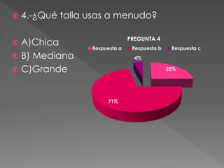  4.-¿Qué talla usas a menudo?
 A)Chica
 B) Mediana
 C)Grande 25%
71%
4%
PREGUNTA 4
Respuesta a Respuesta b Respuesta c
 