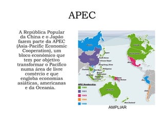 APEC A República Popular da China e o Japão fazem parte da APEC (Asia-Pacific Economic Cooperation), um bloco econômico que tem por objetivo transformar o Pacífico numa área de livre comércio e que engloba economias asiáticas, americanas e da Oceania.  AMPLIAR 