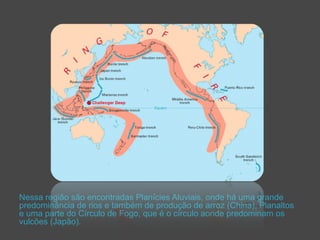 Nessa região são encontradas Planícies Aluviais, onde há uma grande 
predominância de rios e também de produção de arroz (China), Planaltos 
e uma parte do Círculo de Fogo, que é o círculo aonde predominam os 
vulcões (Japão). 
 