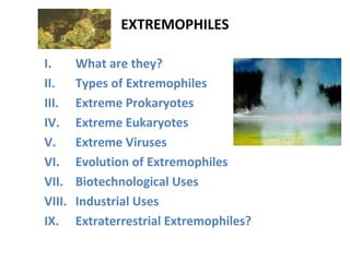EXTREMOPHILES
I. What are they?
II. Types of Extremophiles
III. Extreme Prokaryotes
IV. Extreme Eukaryotes
V. Extreme Viruses
VI. Evolution of Extremophiles
VII. Biotechnological Uses
VIII. Industrial Uses
IX. Extraterrestrial Extremophiles?
 
