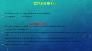 EXTREME IN PH:-
• On the basis of pH microorganisms can be classified as :-
• i.Acidophiles ii.Alcaliphiles
• Organisms that lives in highly acidic environments are called as acidophiles.
• They grow best below pH 5.5.
• Some members that mainly found in the drainage of coal mines are able to oxidize sulfur into sulfuric
acid.
• Mechanism of action is that they have a proton pump machinery to maintain low pH.
• Ex.-Sulfolobus acidocaldarius , Hydrogenobaculum acidophilum , Alicyclobacillus acidocaldarius ,
• Algae - Cyanidium caldarium
Acidophiles :-
15
 