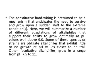 • The constitutive hard-wiring is presumed to be a
mechanism that anticipates the need to survive
and grow upon a sudden shift to the extreme
condition(s). Here, we will summarize a number
of different adaptations of alkaliphiles that
support their ability to grow optimally at pH
values well above 9.0. Some of these species or
strains are obligate alkaliphiles that exhibit little
or no growth at pH values closer to neutral.
Other, facultative alkaliphiles, grow in a range
from pH 7.5 to 11.
 