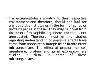 • The extremophiles are native to their respective
environment and therefore, should one look for
any adaptation strategies in the form of genes or
proteins per se in these? They may be novel from
the point of mesophilic organisms and that is not
unexpected. Therefore, most of the studies
regarding understanding of pressure effects have
come from moderately barophilic or barotolerant
microorganisms. The effect of pressure on cell
membrane, protein and gene expression are
studied in detail in some of these
microorganisms.
 