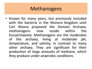 Methanogens
• Known for many years, but previously included
with the bacteria in the Monera kingdom until
Carl Woese proposed the Domain Archaea,
methanogens now reside within the
Euryarchaeota. Methanogens are the moderates
of the archaea, living at moderate pH,
temperature, and salinity, in contrast to many
other archaea. They are significant for their
production of large amounts of methane, which
they produce under anaerobic conditions.
 