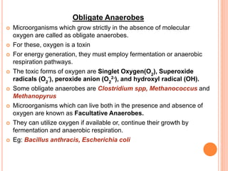 Obligate Anaerobes
 Microorganisms which grow strictly in the absence of molecular
oxygen are called as obligate anaerobes.
 For these, oxygen is a toxin
 For energy generation, they must employ fermentation or anaerobic
respiration pathways.
 The toxic forms of oxygen are Singlet Oxygen(O2
), Superoxide
radicals (O2
-
), peroxide anion (O2
2-), and hydroxyl radical (OH).
 Some obligate anaerobes are Clostridium spp, Methanococcus and
Methanopyrus
 Microorganisms which can live both in the presence and absence of
oxygen are known as Facultative Anaerobes.
 They can utilize oxygen if available or, continue their growth by
fermentation and anaerobic respiration.
 Eg: Bacillus anthracis, Escherichia coli
 