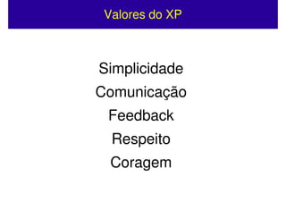 Valores do XP
Simplicidade
Comunicação
Feedback
Respeito
Coragem