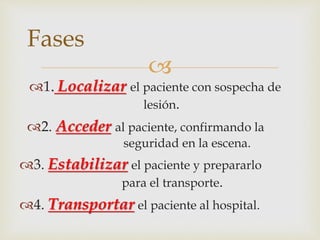  
Fases 
1. Localizar el paciente con sospecha de 
lesión. 
2. Acceder al paciente, confirmando la 
seguridad en la escena. 
3. Estabilizar el paciente y prepararlo 
para el transporte. 
4. Transportar el paciente al hospital. 
 