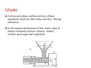 3.Feeder:
 A device providing a uniform delivery offood
ingredients which are often sticky, non-free- flowing
substances.
 It will regulate rate/pressure of flow. Some types of
feeders commonly used are vibratory feeders,
variable speed auger and weigh belts.
 