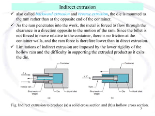 Indirect extrusion
 also called backward extrusion and reverse extrusion, the die is mounted to
the ram rather than at the opposite end of the container.
 As the ram penetrates into the work, the metal is forced to flow through the
clearance in a direction opposite to the motion of the ram. Since the billet is
not forced to move relative to the container, there is no friction at the
container walls, and the ram force is therefore lower than in direct extrusion.
 Limitations of indirect extrusion are imposed by the lower rigidity of the
hollow ram and the difficulty in supporting the extruded product as it exits
the die.
Fig. Indirect extrusion to produce (a) a solid cross section and (b) a hollow cross section.
5
 