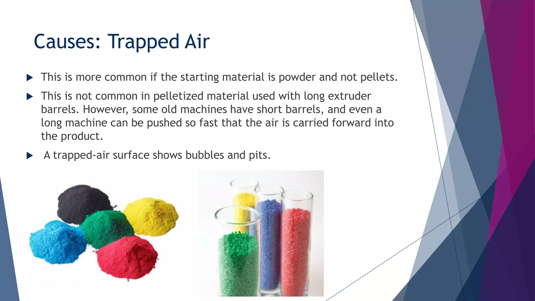 Causes: Trapped Air
 This is more common if the starting material is powder and not pellets.
 This is not common in pelletized material used with long extruder
barrels. However, some old machines have short barrels, and even a
long machine can be pushed so fast that the air is carried forward into
the product.
 A trapped-air surface shows bubbles and pits.
 