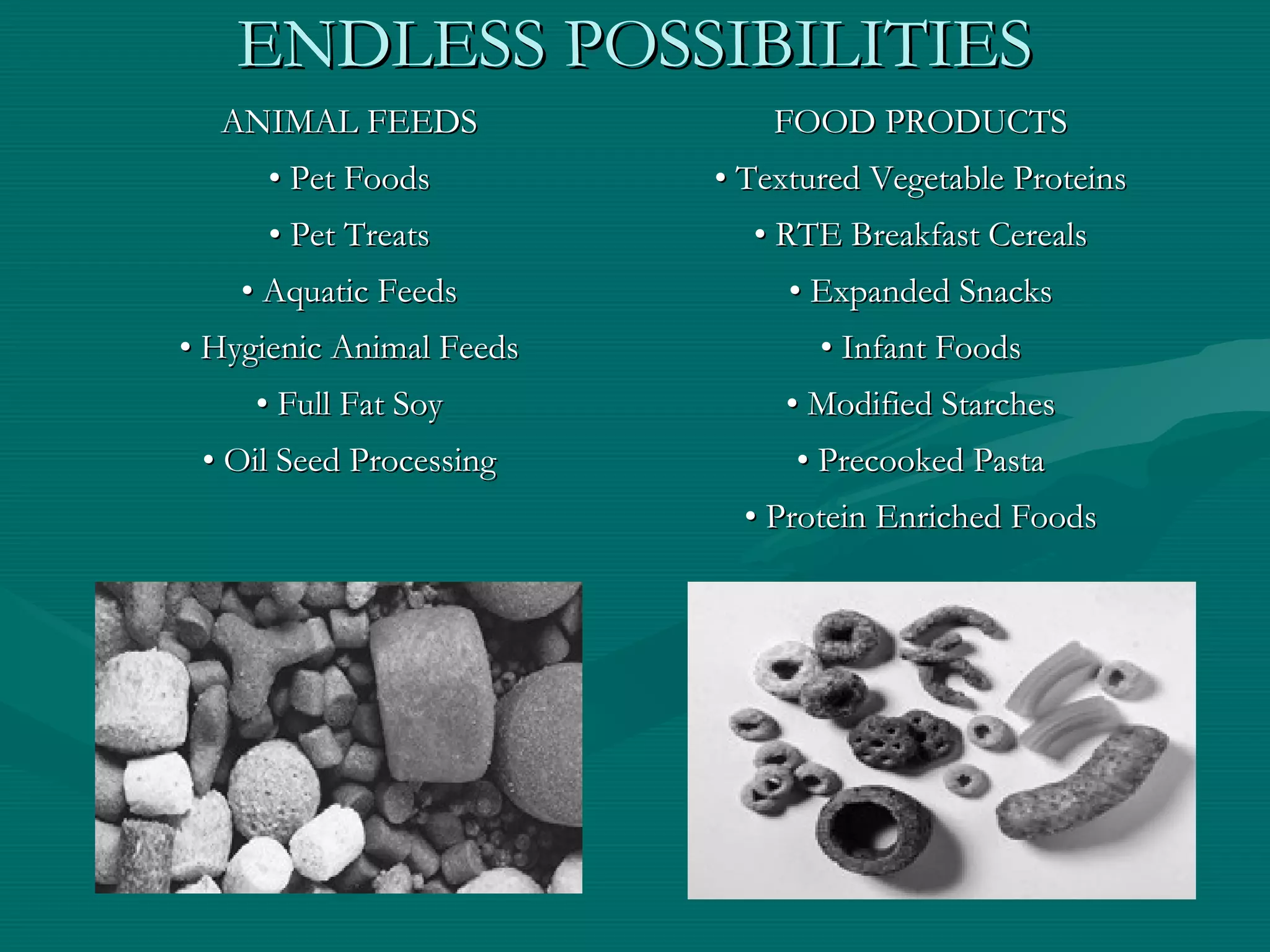 ENDLESS POSSIBILITIESENDLESS POSSIBILITIES
ANIMAL FEEDSANIMAL FEEDS FOOD PRODUCTSFOOD PRODUCTS
•• Pet FoodsPet Foods •• Textured Vegetable ProteinsTextured Vegetable Proteins
•• Pet TreatsPet Treats •• RTE Breakfast CerealsRTE Breakfast Cereals
•• Aquatic FeedsAquatic Feeds •• Expanded SnacksExpanded Snacks
•• Hygienic Animal FeedsHygienic Animal Feeds •• Infant FoodsInfant Foods
•• Full Fat SoyFull Fat Soy •• Modified StarchesModified Starches
•• Oil Seed ProcessingOil Seed Processing •• Precooked PastaPrecooked Pasta
•• Protein Enriched FoodsProtein Enriched Foods
 