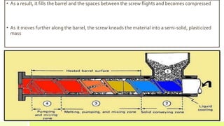 • As a result, it fills the barrel and the spaces between the screw flights and becomes compressed
• As it moves further along the barrel, the screw kneads the material into a semi-solid, plasticized
mass
 