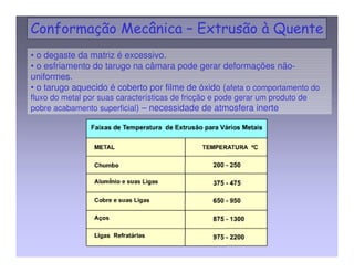 • o degaste da matriz é excessivo. 
• o esfriamento do tarugo na câmara pode gerar deformações não-uniformes. 
• o tarugo aquecido é coberto por filme de óxido (afeta o comportamento do 
fluxo do metal por suas características de fricção e pode gerar um produto de 
pobre acabamento superficial) – necessidade de atmosfera inerte 
 