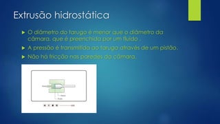 Extrusão hidrostática
 O diâmetro do tarugo é menor que o diâmetro da
câmara, que é preenchida por um fluido .
 A pressão é transmitida ao tarugo através de um pistão.
 Não há fricção nas paredes da câmara.
 