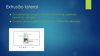 Extrusão lateral
 O material do tarugo é forçado através de abertura
lateral da câmara.
 Os eixos do punção e da peça tem diferentes direções.
 