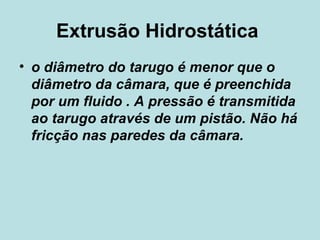 Extrusão Hidrostática  o diâmetro do tarugo é menor que o diâmetro da câmara, que é preenchida por um fluido . A pressão é transmitida ao tarugo através de um pistão. Não há fricção nas paredes da câmara. 