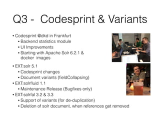 Q3 - Codesprint & Variants
• Codesprint @dkd in Frankfurt
• Backend statistics module
• UI Improvements
• Starting with Apache Solr 6.2.1 &  
docker images
• EXT:solr 5.1
• Codesprint changes
• Document variants (ﬁeldCollapsing)
• EXT:solrﬂuid 1.1
• Maintenance Release (Bugﬁxes only)
• EXT:solrfal 3.2 & 3.3
• Support of variants (for de-duplication)
• Deletion of solr document, when references get removed
 