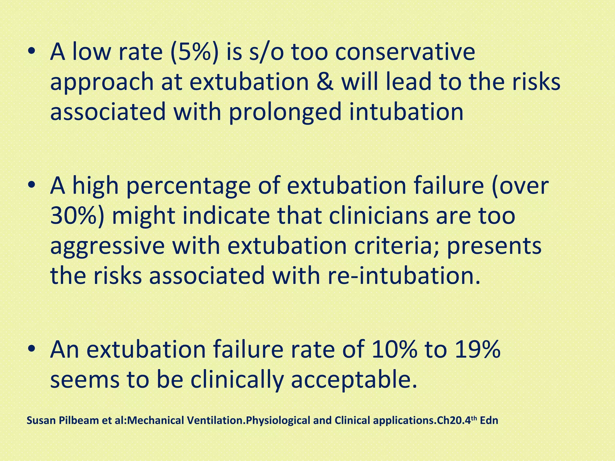 A low rate (5%) is s/o too conservative approach at extubation & will lead to the risks associated with prolonged intubation A high percentage of extubation failure (over 30%) might indicate that clinicians are too aggressive with extubation criteria; presents the risks associated with re-intubation.  An extubation failure rate of 10% to 19% seems to be clinically acceptable. Susan Pilbeam et al:Mechanical Ventilation.Physiological and Clinical applications.Ch20.4 th  Edn 
