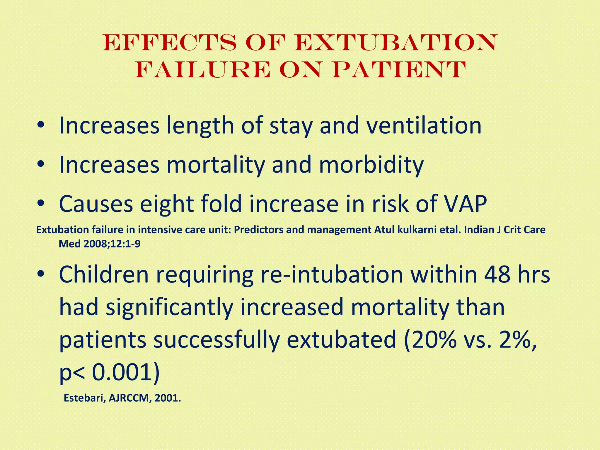 Effects of extubation failure on patient Increases length of stay and ventilation Increases mortality and morbidity Causes eight fold increase in risk of VAP  Extubation failure in intensive care unit: Predictors and management Atul kulkarni etal.   Indian J Crit Care Med 2008;12:1-9 Children requiring re-intubation within 48 hrs had significantly increased mortality than patients successfully extubated (20% vs. 2%, p< 0.001) Estebari, AJRCCM, 2001. 