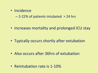 Incidence 2-22% of patients intubated  > 24 hrs Increases mortality and prolonged ICU stay Typically occurs shortly after extubation Also occurs after 36hrs of extubation Reintubation rate is 1-10% 