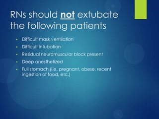 RNs should not extubate
the following patients


Difficult mask ventilation



Difficult intubation



Residual neuromuscular block
present

 