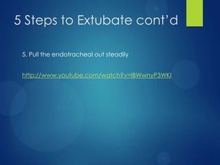 5 Steps to Extubate cont’d
2.

Remove tape

3.

Deflate the endotracheal
tube cuff

 
