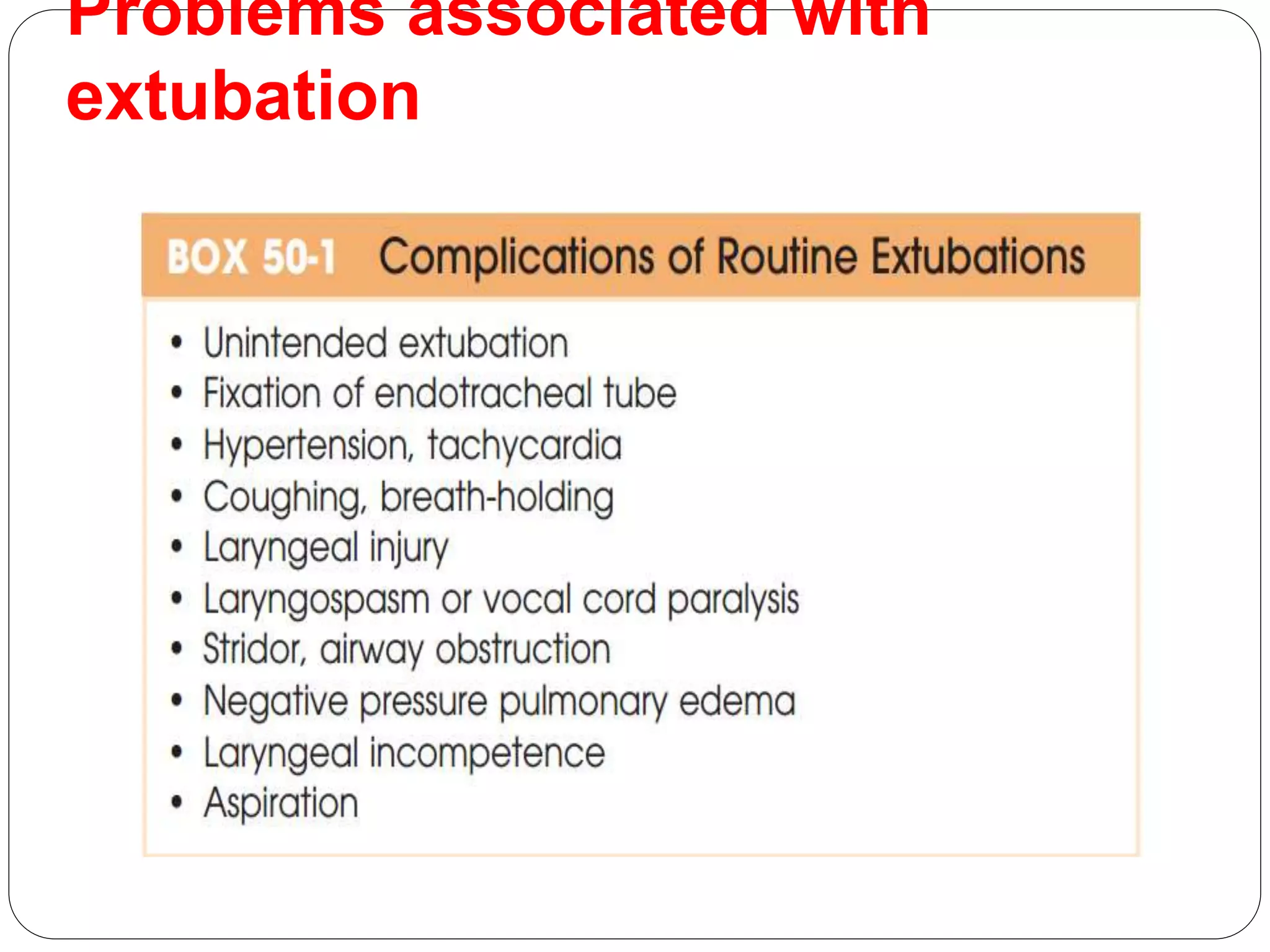 Problems associated with
extubation
 