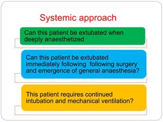 Systemic approach
Can this patient be extubated when
deeply anaesthetized
Can this patient be extubated
immediately following following surgery
and emergence of general anaesthesia?
This patient requires continued
intubation and mechanical ventilation?
 