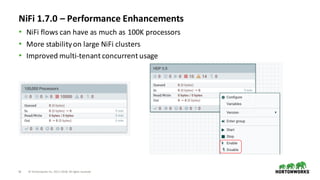16 ©	Hortonworks	Inc.	2011–2018.	All	rights	reserved
NiFi 1.7.0	– Performance	Enhancements
• NiFi	flows	can	have	as	much	as	100K	processors
• More	stability	on	large	NiFi	clusters
• Improved	multi-tenant	concurrent	usage
 
