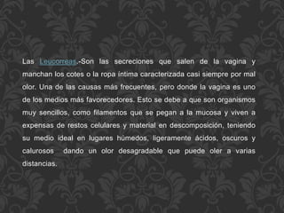 Las Leucorreas.-Son las secreciones que salen de la vagina y 
manchan los cotes o la ropa íntima caracterizada casi siempre por mal 
olor. Una de las causas más frecuentes, pero donde la vagina es uno 
de los medios más favorecedores. Esto se debe a que son organismos 
muy sencillos, como filamentos que se pegan a la mucosa y viven a 
expensas de restos celulares y material en descomposición, teniendo 
su medio ideal en lugares húmedos, ligeramente ácidos, oscuros y 
calurosos dando un olor desagradable que puede oler a varias 
distancias. 
 