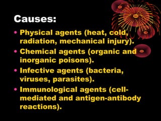 Causes: 
• Physical agents (heat, cold, 
radiation, mechanical injury). 
• Chemical agents (organic and 
inorganic poisons). 
• Infective agents (bacteria, 
viruses, parasites). 
• Immunological agents (cell-mediated 
and antigen-antibody 
reactions). 
 